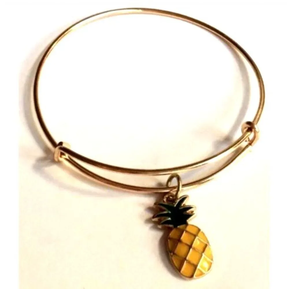 Gold Tone Pineapple Charm Bracelet Adjustable Island Beach Hawaiian Enamel Fruit